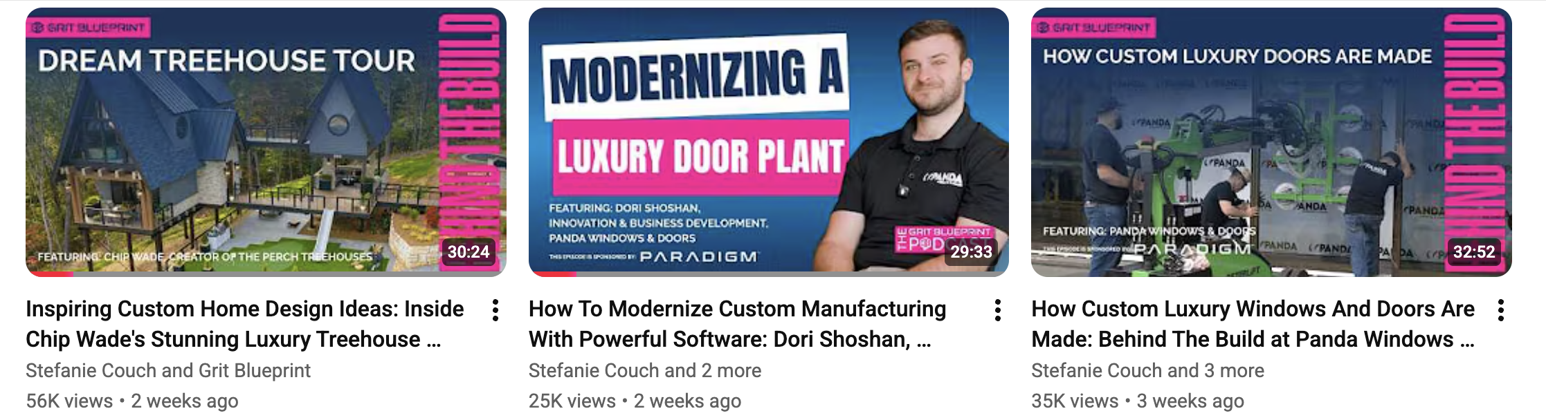 Grit Blueprint videos on YouTube with 56K, 25K, and 35K views