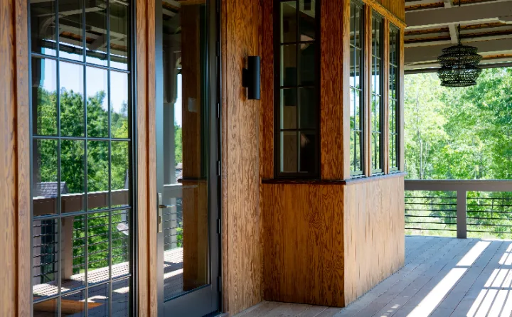 Covered porch with steel windows