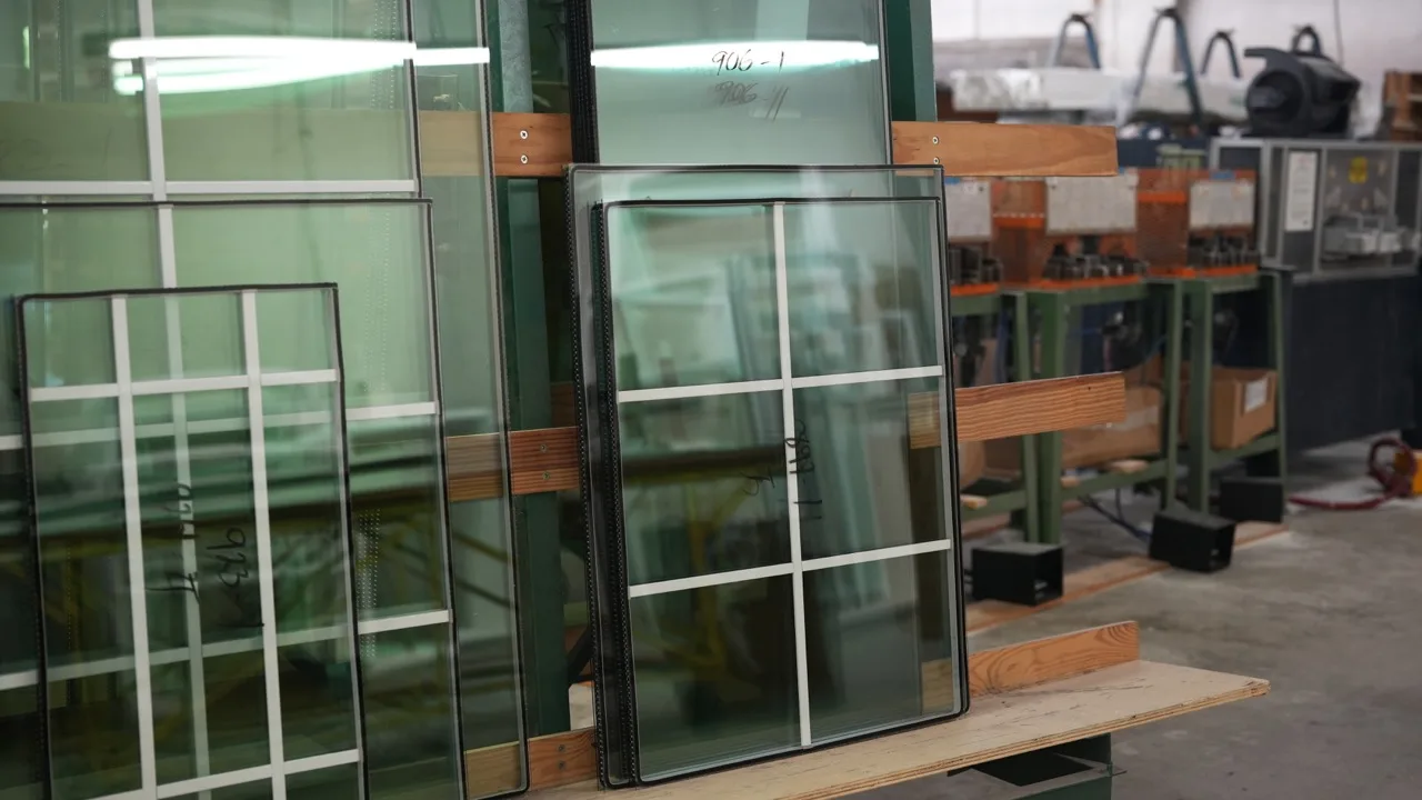 Insulated glass units with grilles racked upright on the Windowcrafters shop floor, photographed by Grit Blueprint
