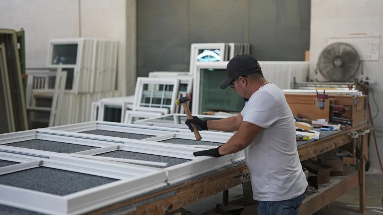 Craftsman tapping a white window frame together with a mallet at Windowcrafters, photographed by Grit Blueprint