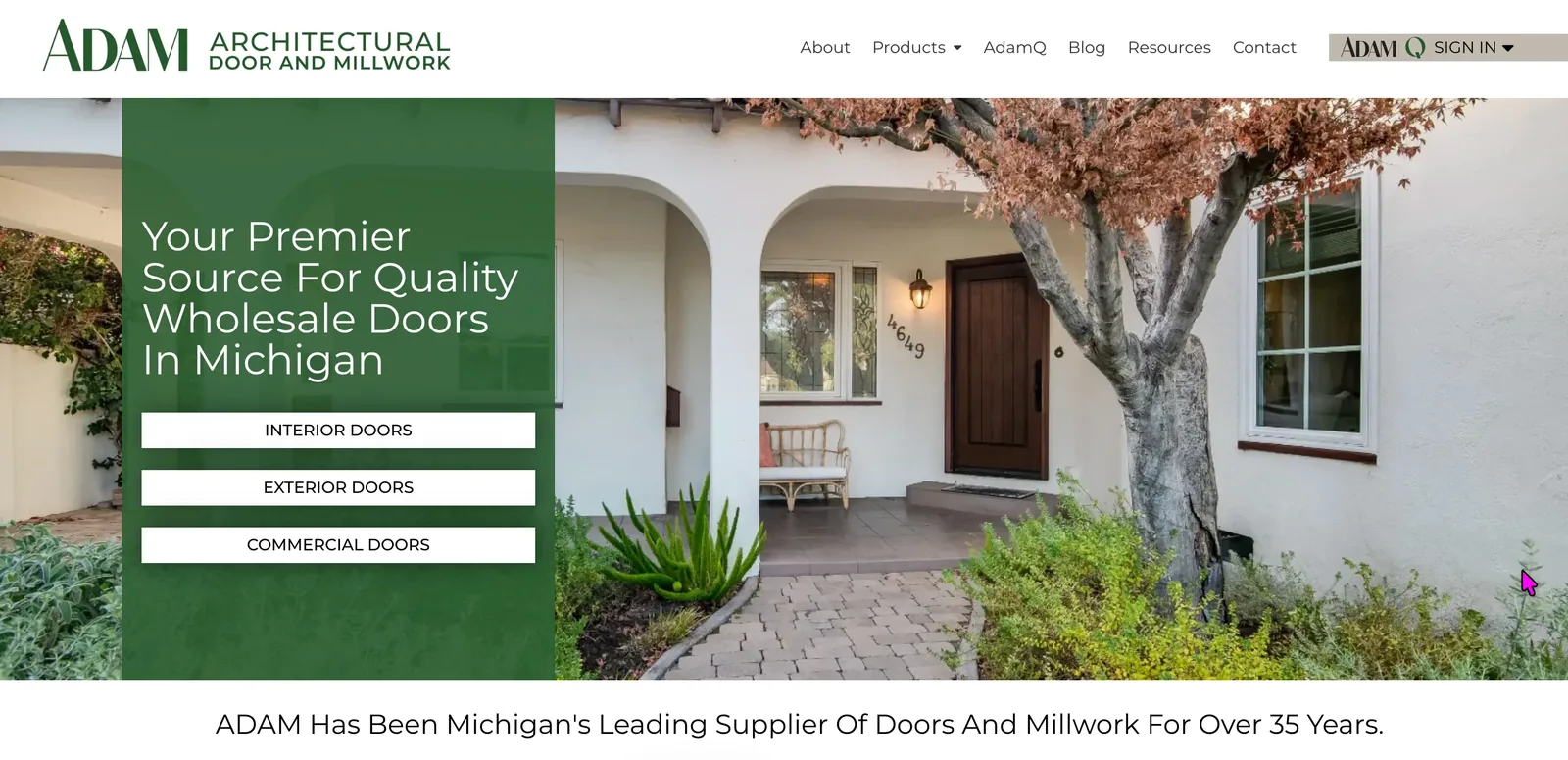 Adam Architectural Door and Millwork website homepage designed by Grit Blueprint