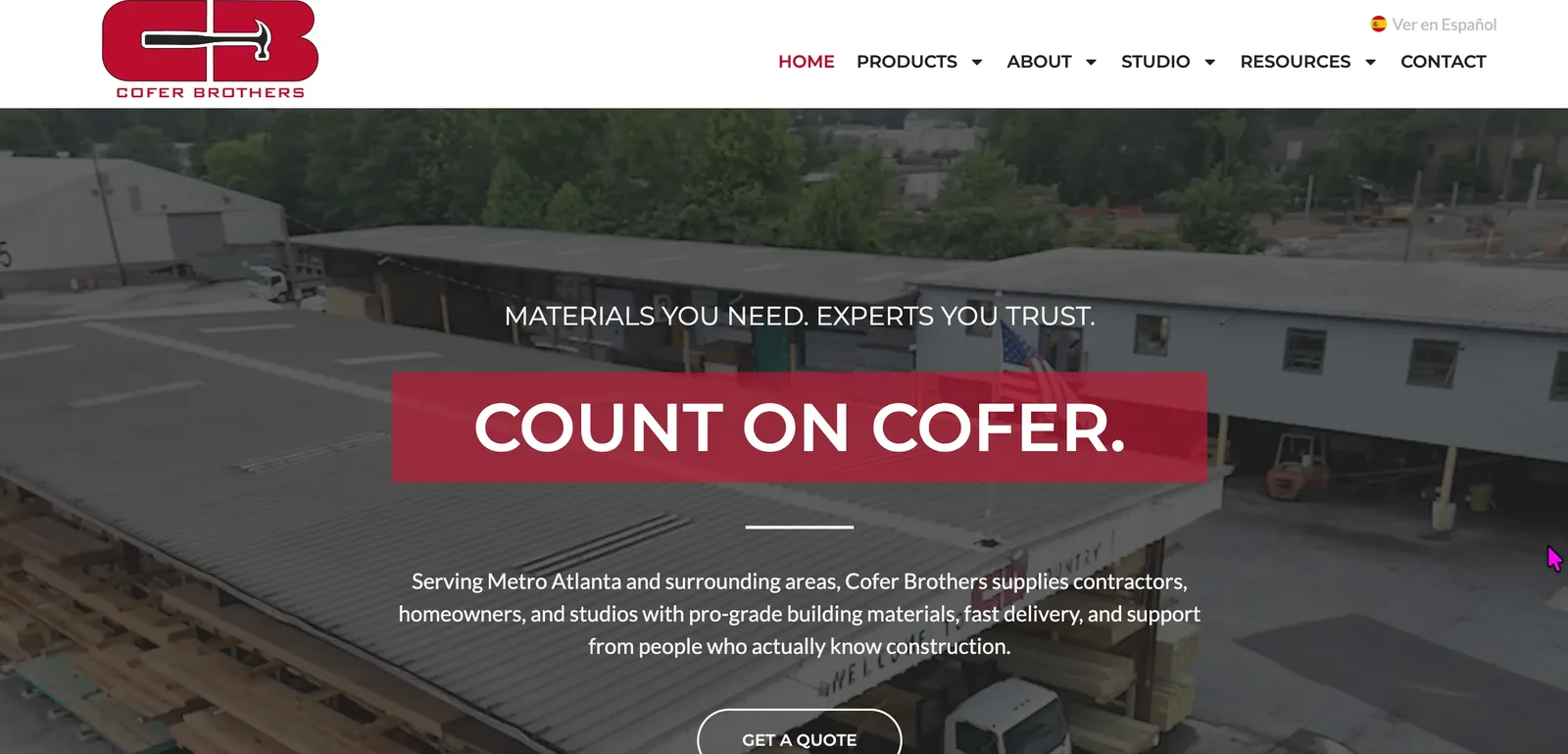 Cofer Brothers building materials website homepage designed by Grit Blueprint