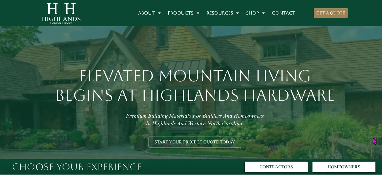 Highlands Hardware and Lumber website homepage designed by Grit Blueprint