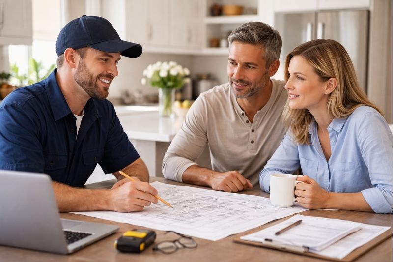 Contractor at the table with homeowners doing contractor sales

