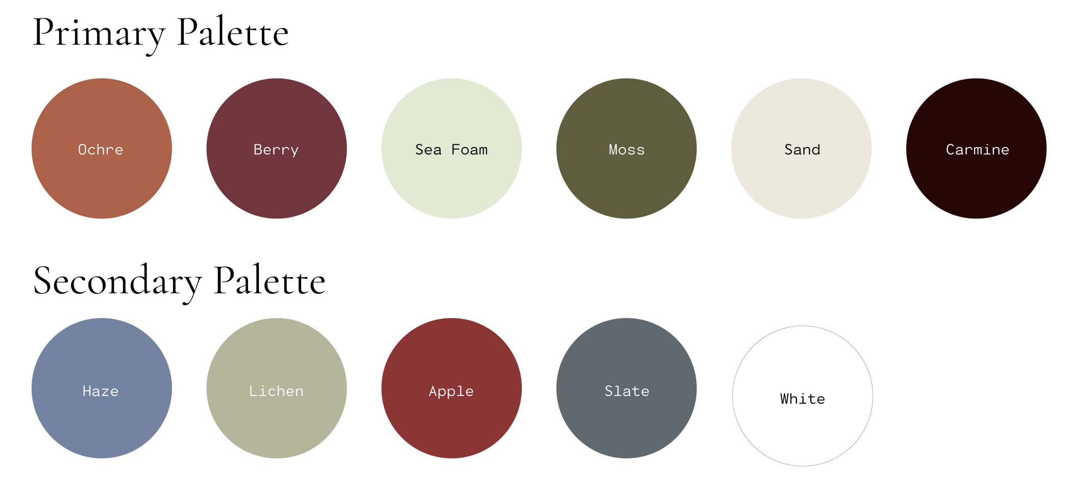 The MOD color system: a primary palette of Ochre, Berry, Sea Foam, Moss, Sand and Carmine, and a secondary palette of Haze, Lichen, Apple, Slate and White