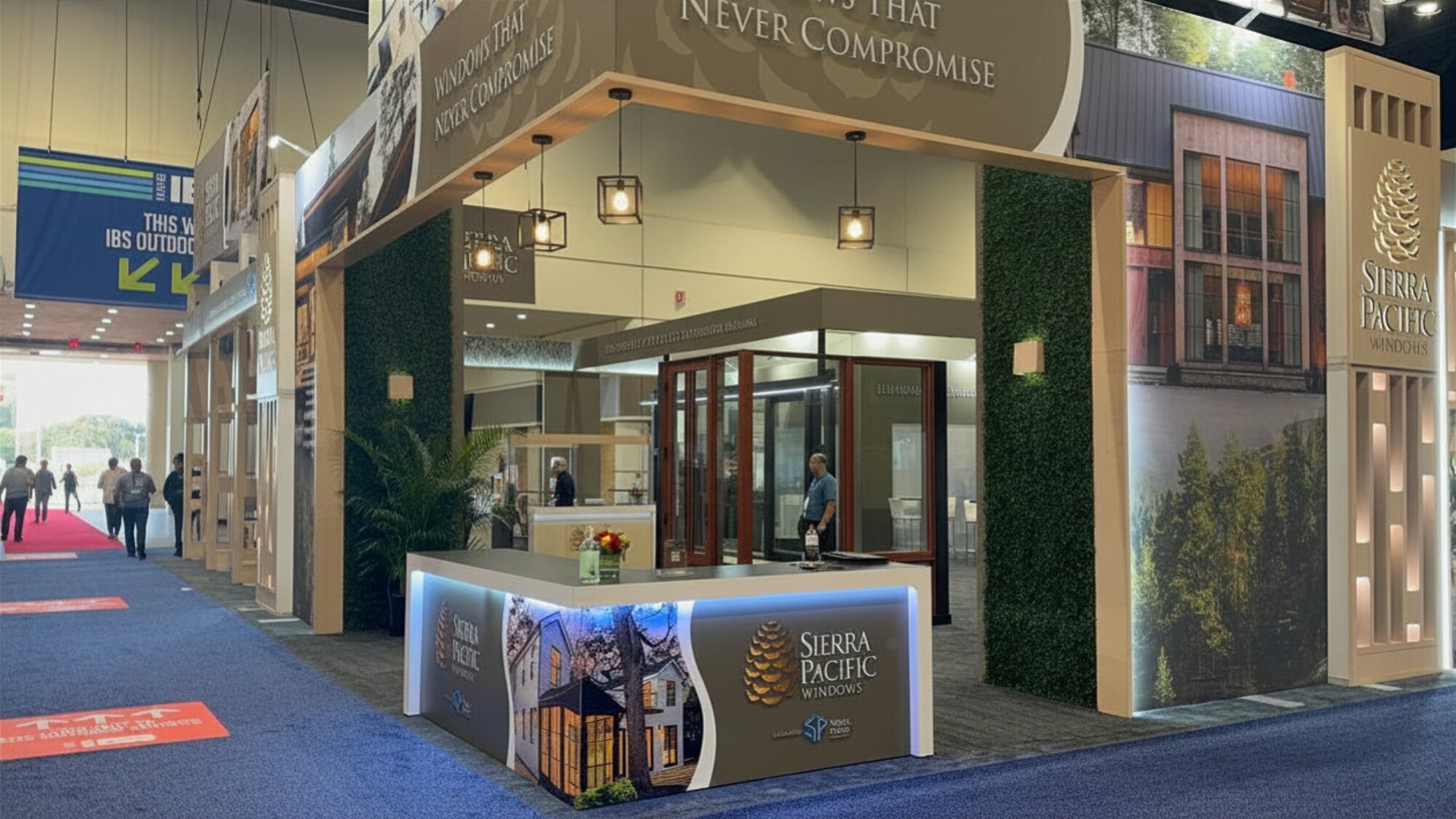 Sierra Pacific Windows booth with an illuminated reception counter and window and door displays