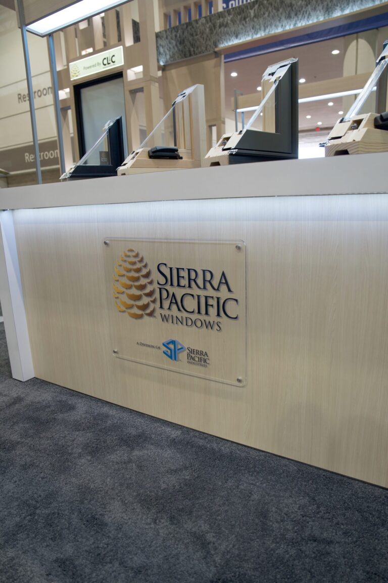 The Sierra Pacific Windows logo on the front of an illuminated booth counter